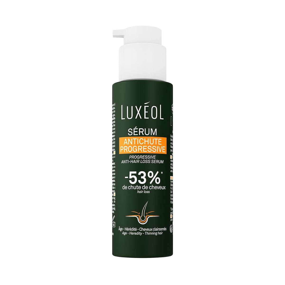 Sérum capillaire translucide de 100 ml posé sur une surface claire dans une salle de bain