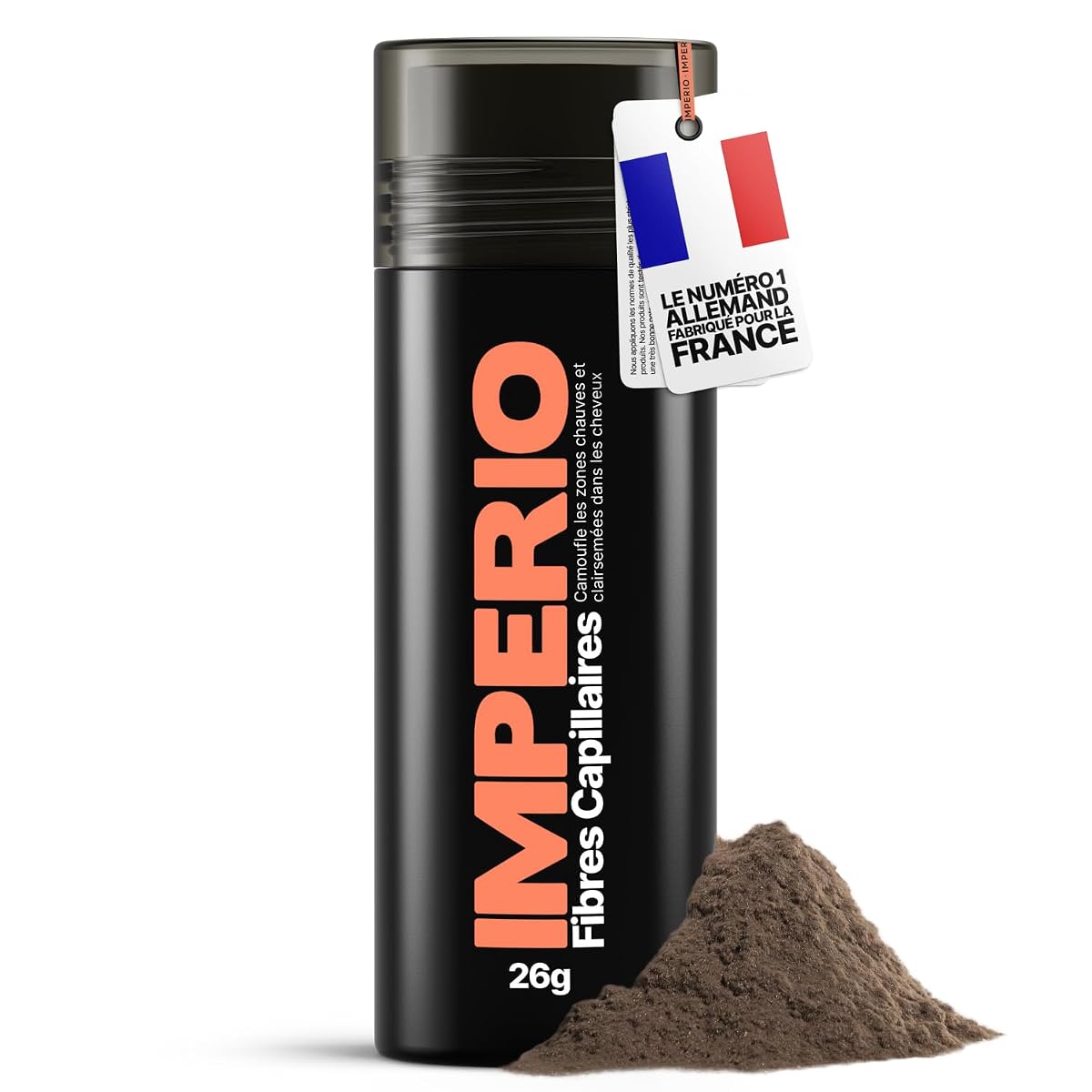 Poudre de fibres capillaires châtain présentée sur une pierre claire dans une salle de bain épurée
