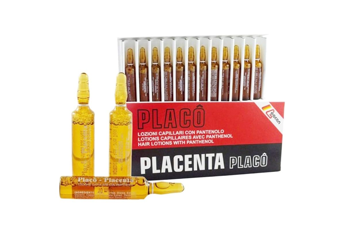 Douze ampoules de lotion capillaire Placenta Placo disposées sur une surface claire de salle de bain