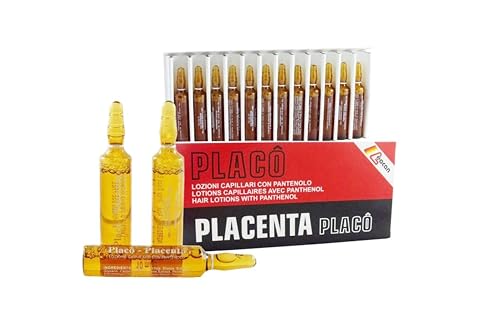 Douze ampoules de lotion capillaire Placenta Placo disposées sur une surface claire de salle de bain