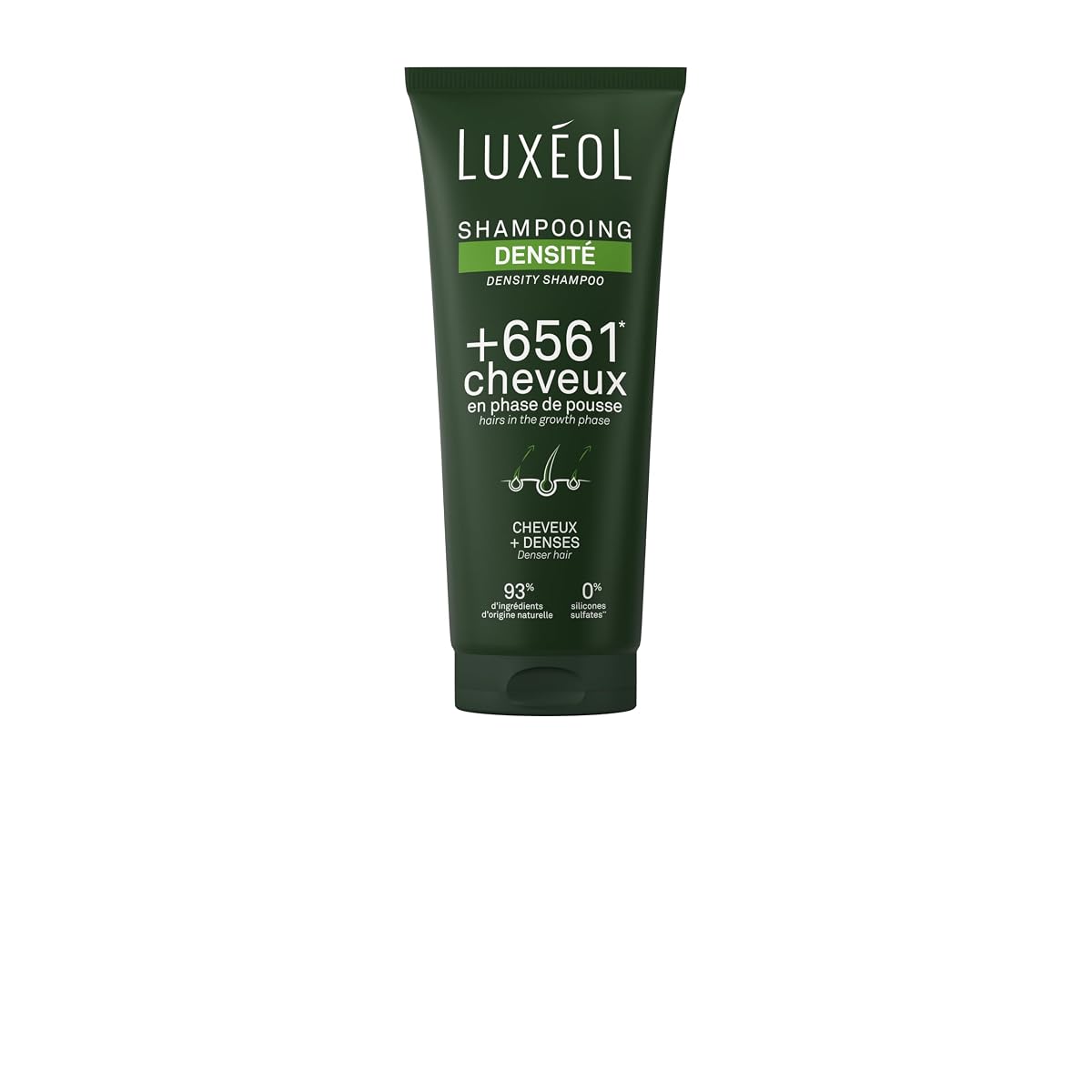 Flacon de shampooing densité Luxéol posé sur une surface claire dans une salle de bain épurée