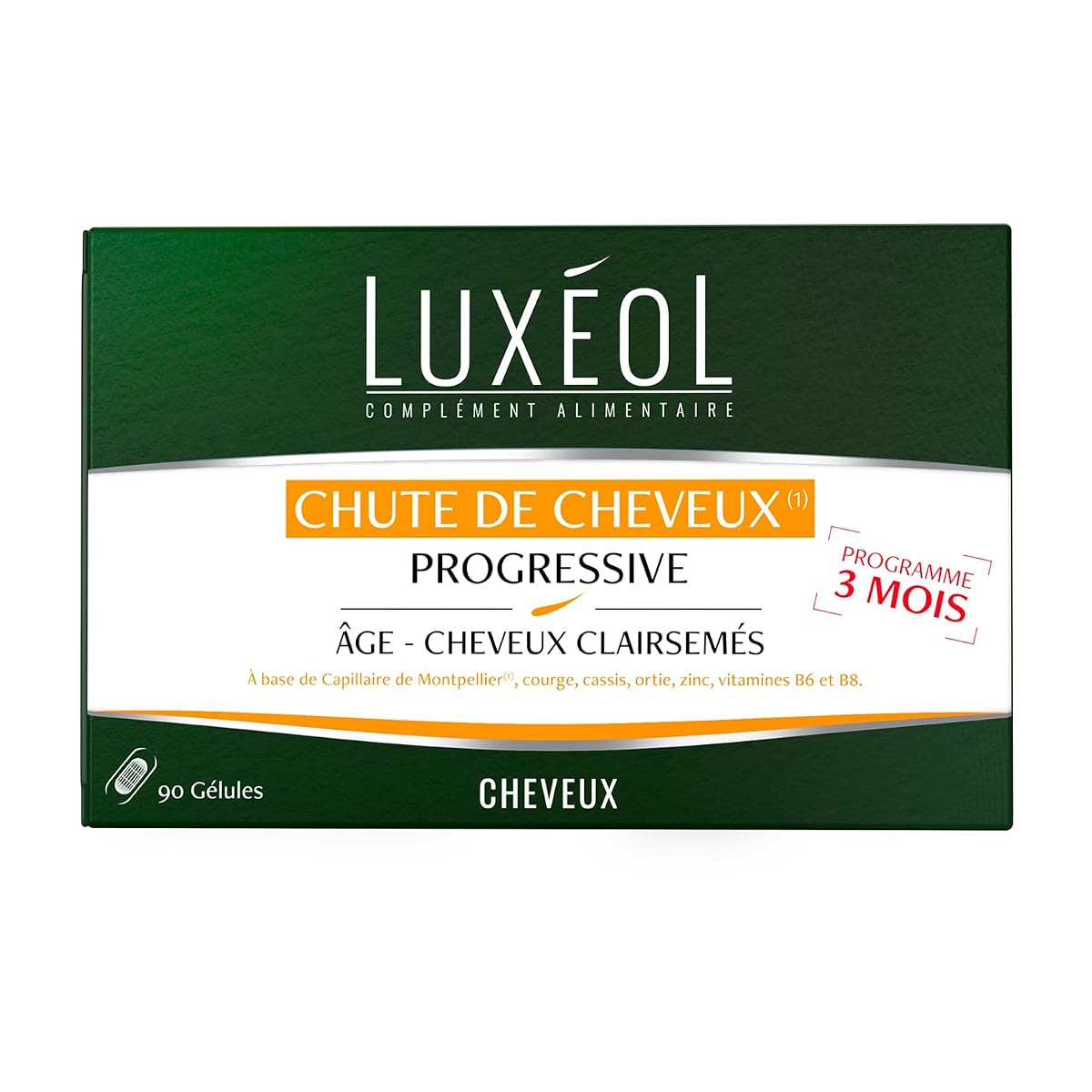 Boîte sobre de complément capillaire accompagnée de gélules sur une pierre claire