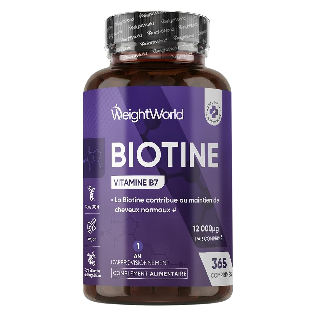 Flacon neutre de biotine et micro-comprimés disposés sur une pierre claire dans une salle de bain