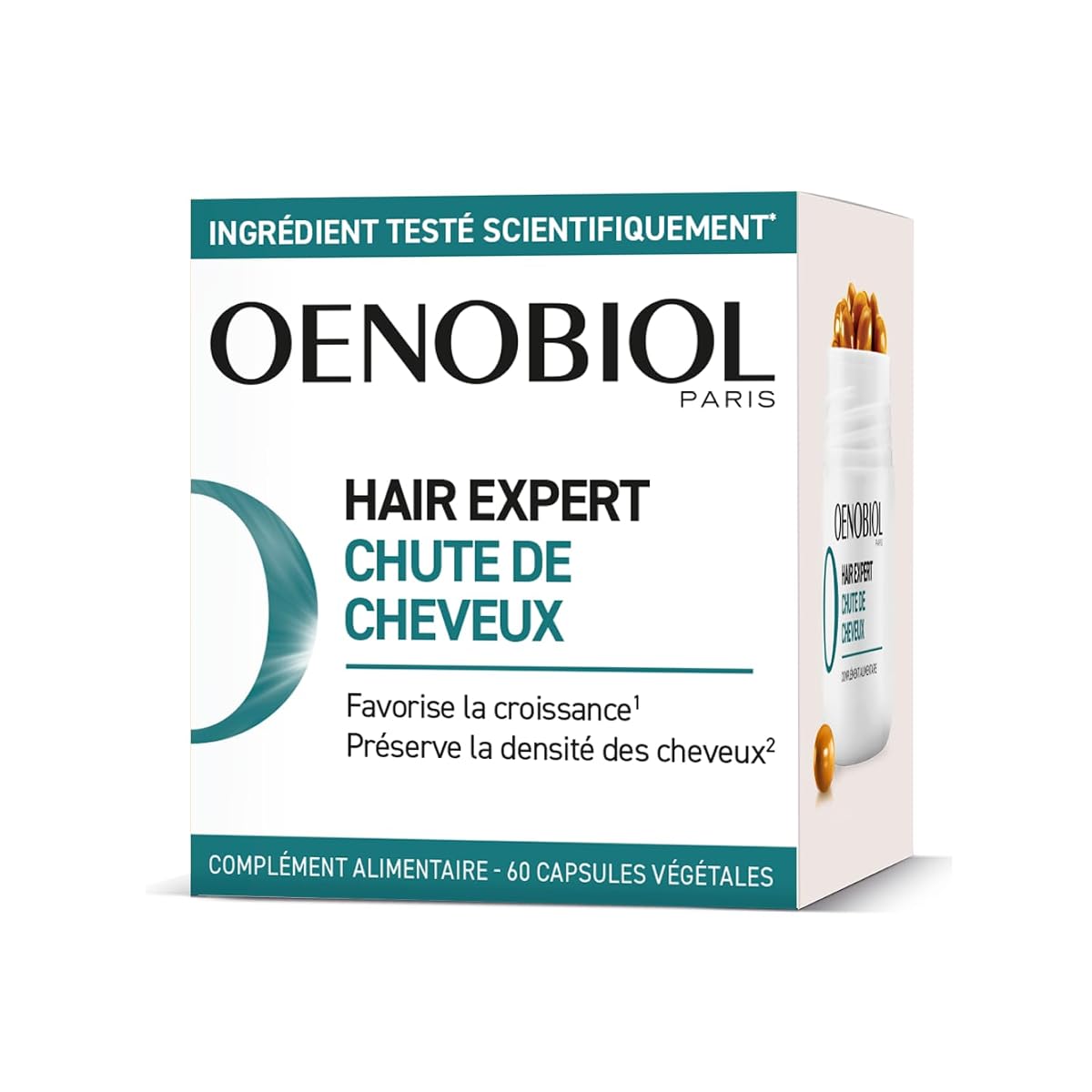 Complément capillaire Oenobiol en capsules présenté sur une surface de pierre claire.
