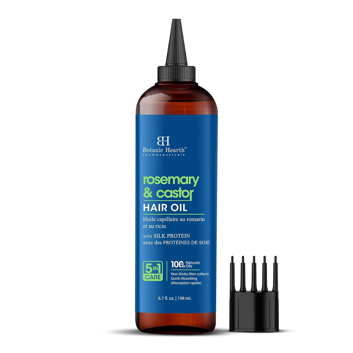 Flacon transparent d’huile capillaire avec applicateur peigne posé sur une pierre claire