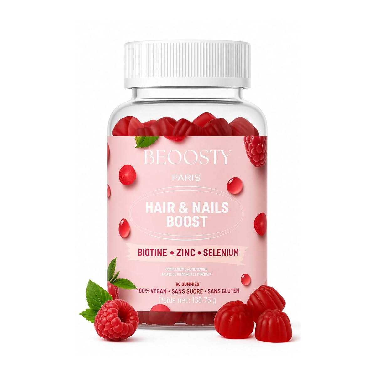 Soixante gummies à la framboise disposées en rangées sur une surface de pierre claire.