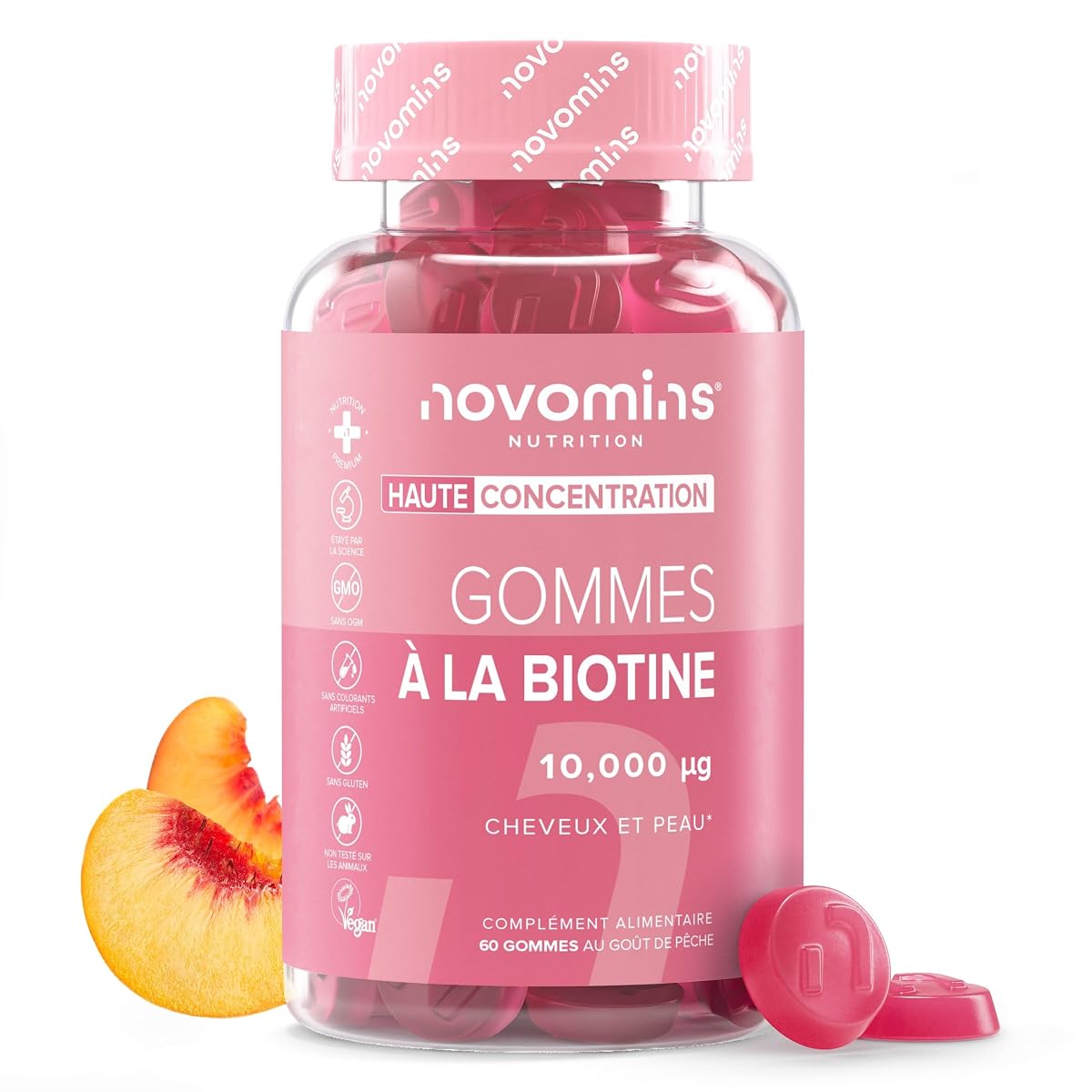 Flacon de gummies à la biotine avec 60 gommes disposées sur une surface de pierre claire.