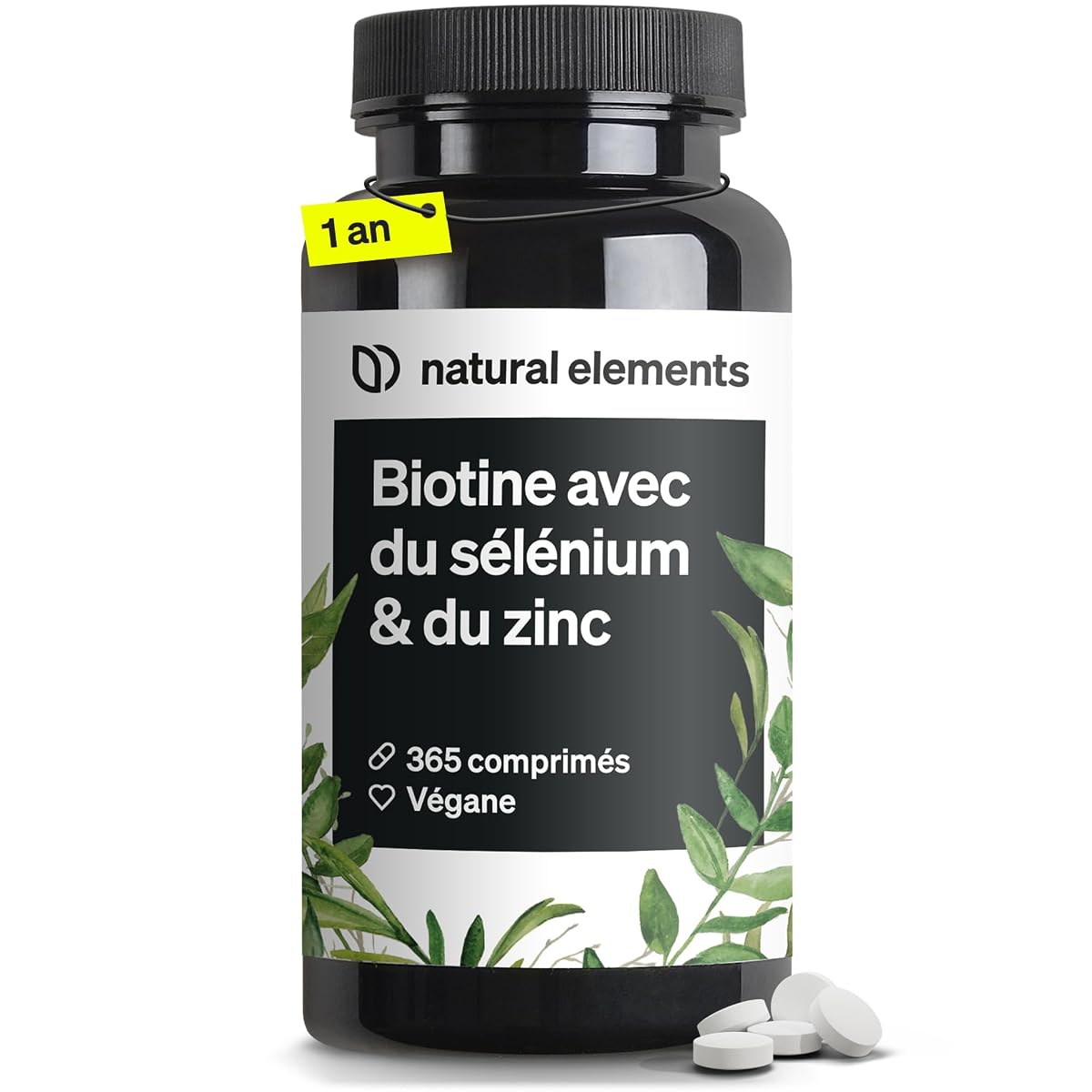 Flacon neutre de comprimés posé sur une pierre claire dans une salle de bain épurée