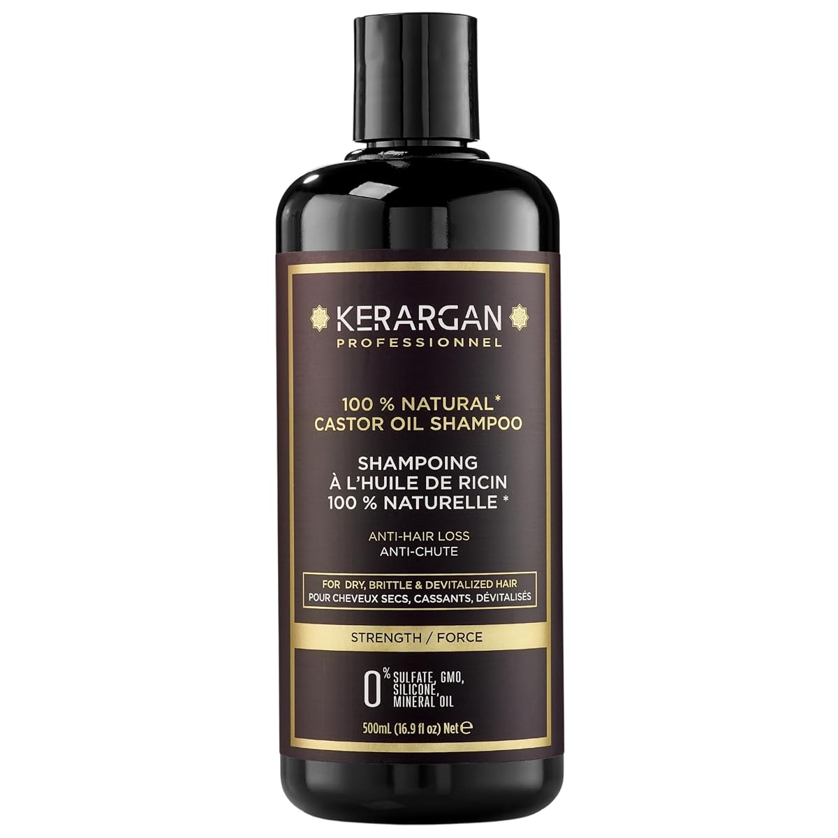 Flacon noir de shampoing à l’huile de ricin posé sur une pierre claire dans une salle de bain épurée