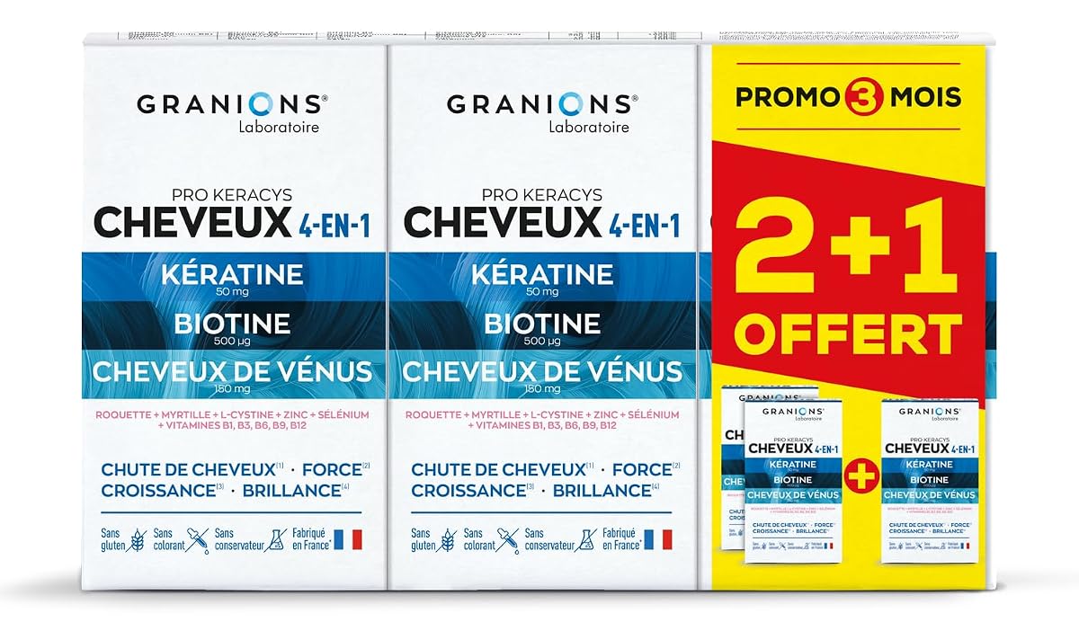 Trois contenants bleus Granions Pro Keracys disposés sur une surface claire dans une salle de bain épurée