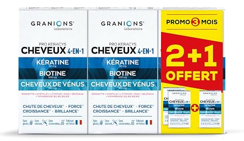 Trois contenants bleus Granions Pro Keracys disposés sur une surface claire dans une salle de bain épurée