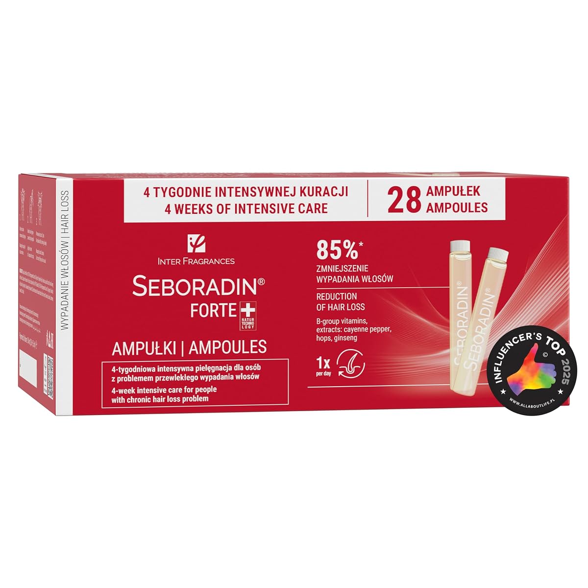 Vingt-huit ampoules de soin capillaire rouges disposées sur une pierre claire dans une salle de bain