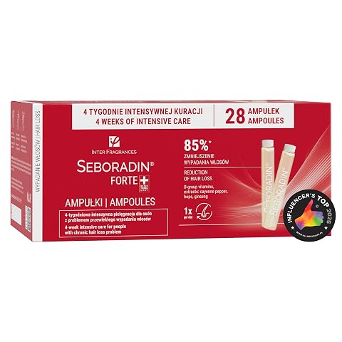 Vingt-huit ampoules de soin capillaire rouges disposées sur une pierre claire dans une salle de bain
