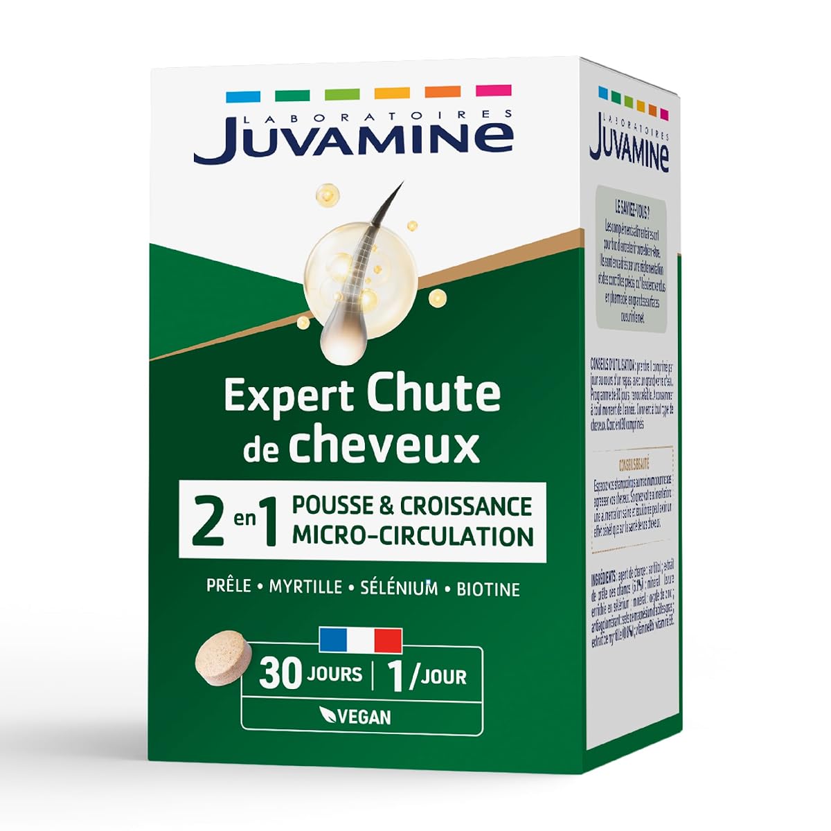 Trente comprimés présentés en rangées sur une pierre claire dans une salle de bain épurée.