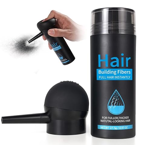 Flacon de fibres capillaires noires Pegciz avec applicateur en spray sur une pierre claire.