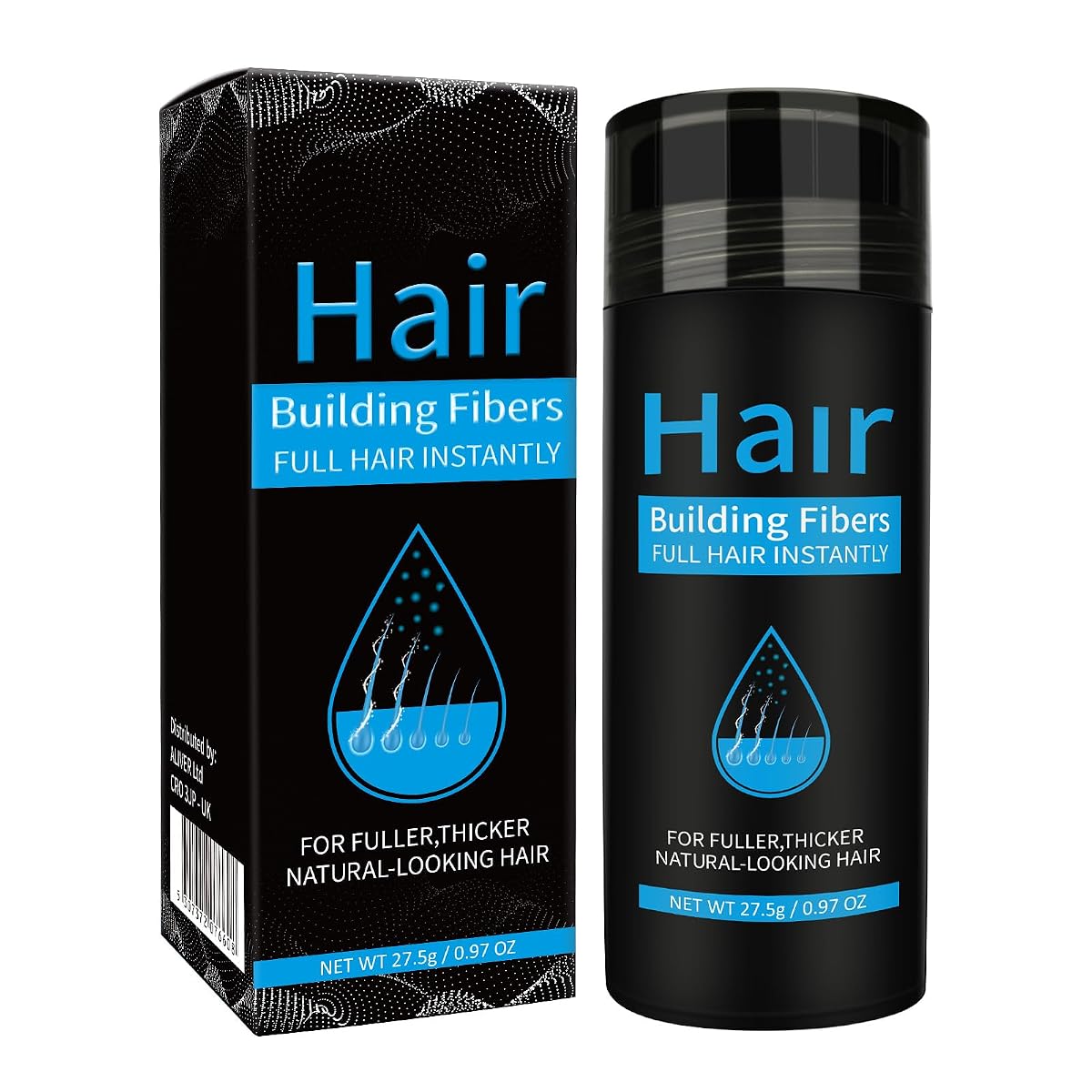 Flacon de fibres capillaires en poudre noire avec applicateur, posé sur une pierre claire