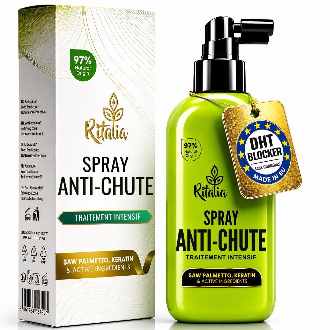 Flacon-spray capillaire beige posé sur une surface en pierre claire dans une salle de bain épurée.