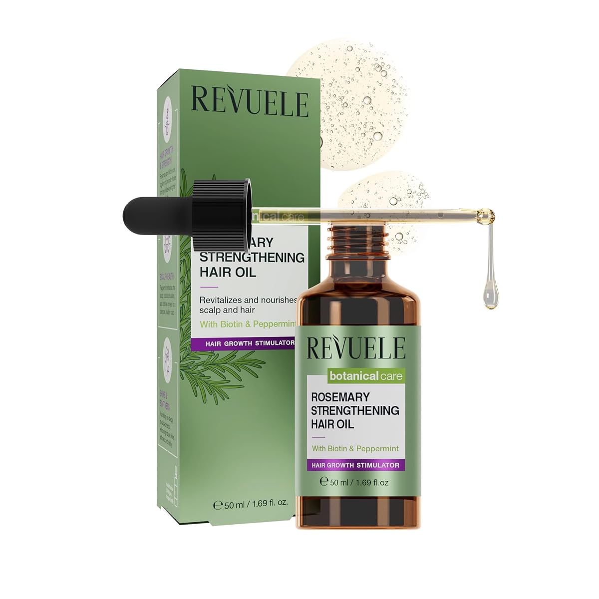 Flacon vert d’huile capillaire au romarin posé sur une pierre claire dans une salle de bain épurée.
