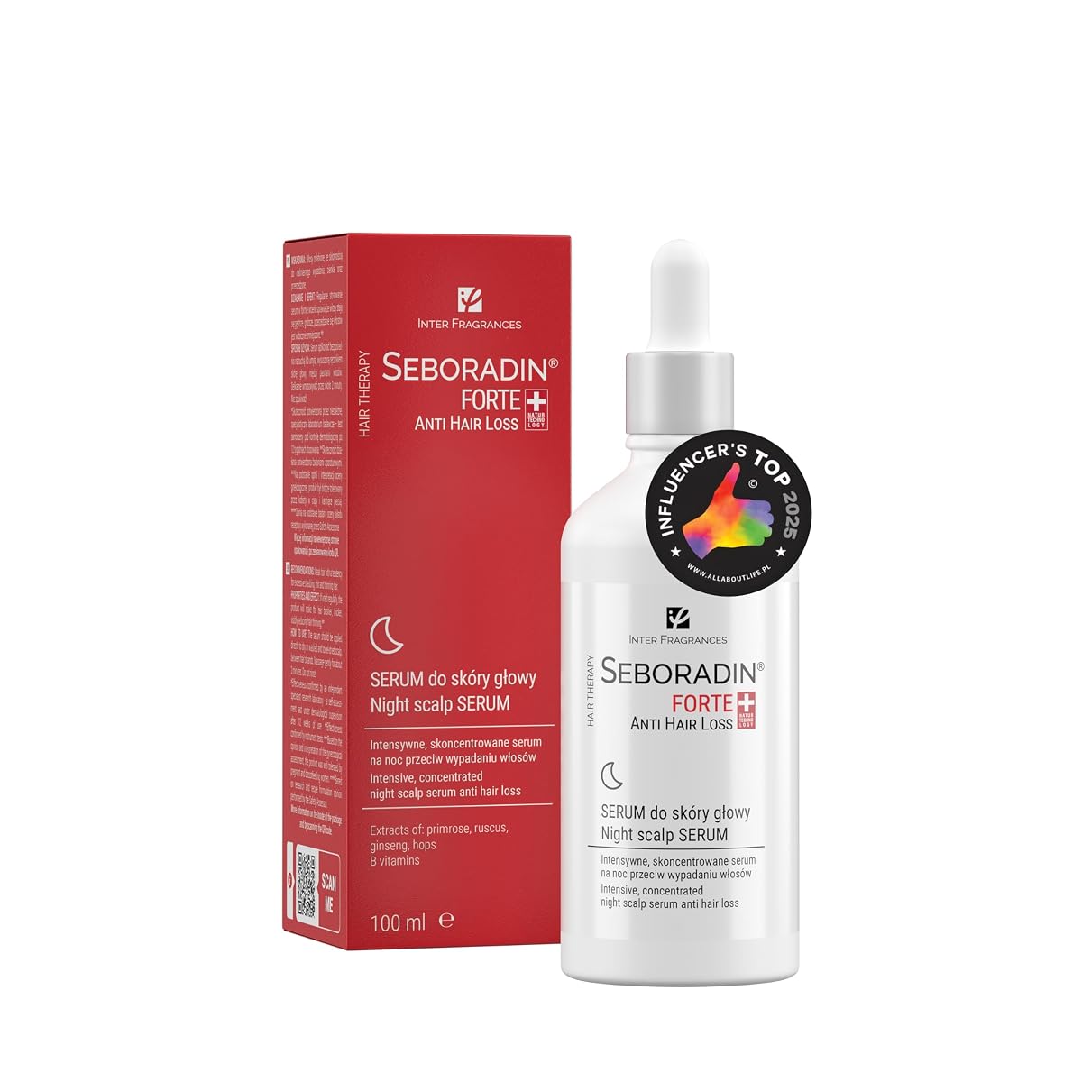 Sérum capillaire transparent Seboradin Forte posé sur une pierre claire dans une salle de bain épurée