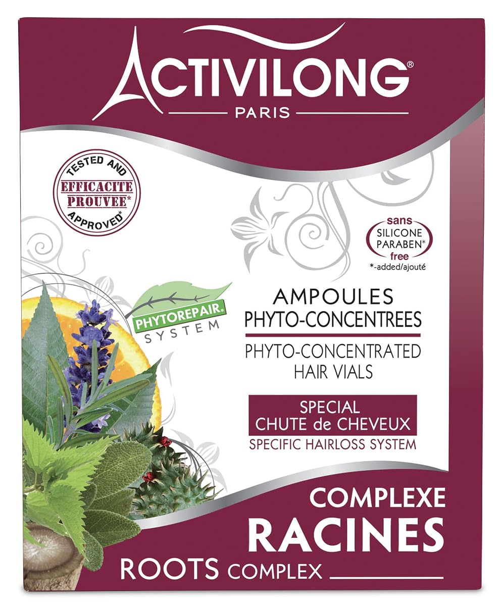 Quatre ampoules de lotion capillaire aux accents bordeaux posées sur une pierre claire.