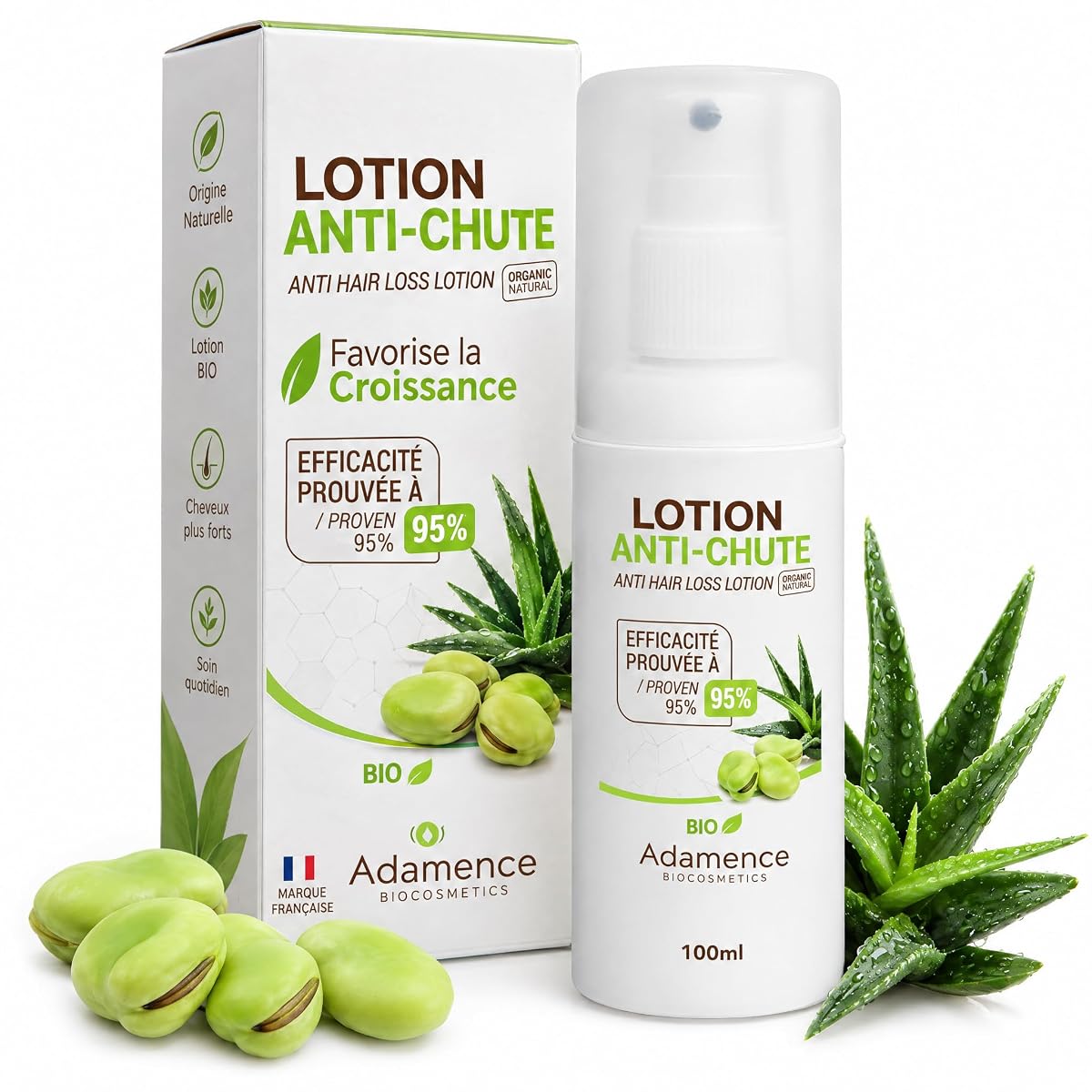 Flacon blanc de lotion capillaire posé sur une pierre claire dans une salle de bain épurée