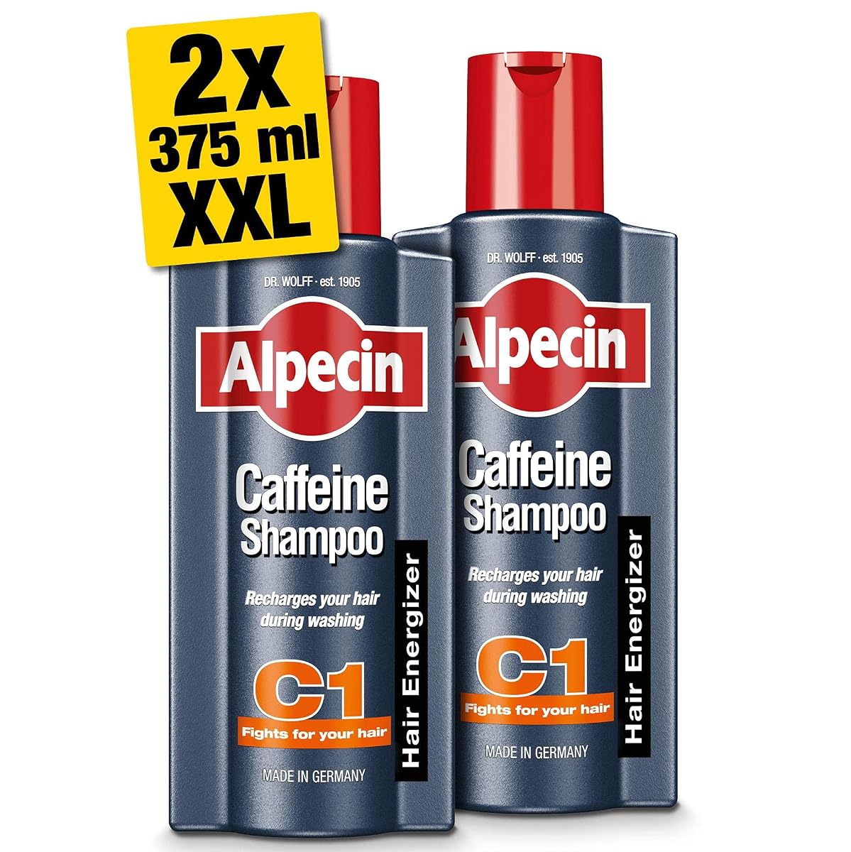 Deux flacons de shampooing Alpecin C1 posés sur une surface en pierre claire dans une salle de bain épurée.