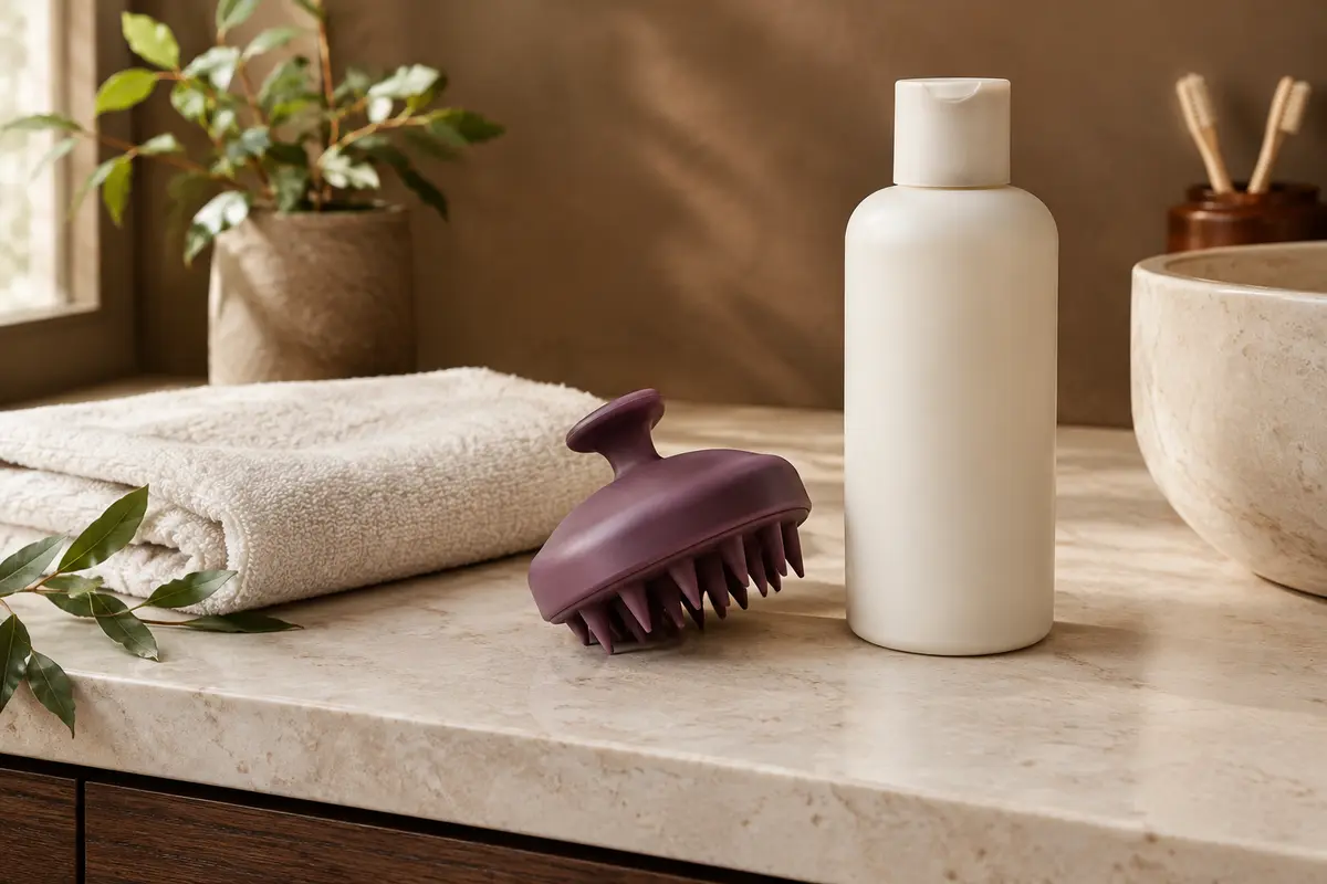 Masseur manuel en silicone posé près d’un flacon de shampoing