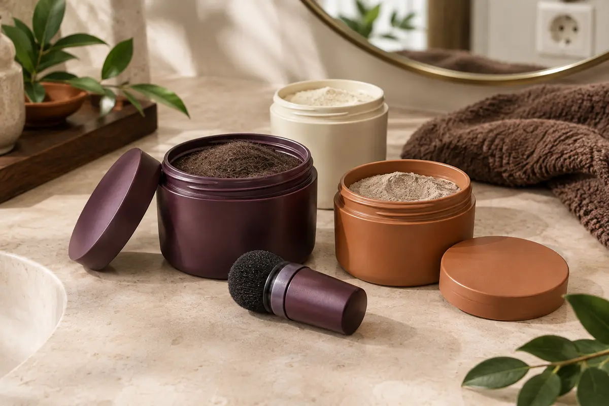 Pots ouverts de fibres et poudres densifiantes avec un applicateur