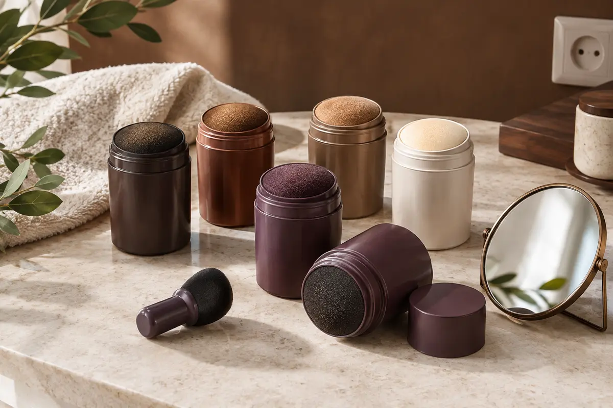 Pots de fibres capillaires et applicateur posés près d’un petit miroir