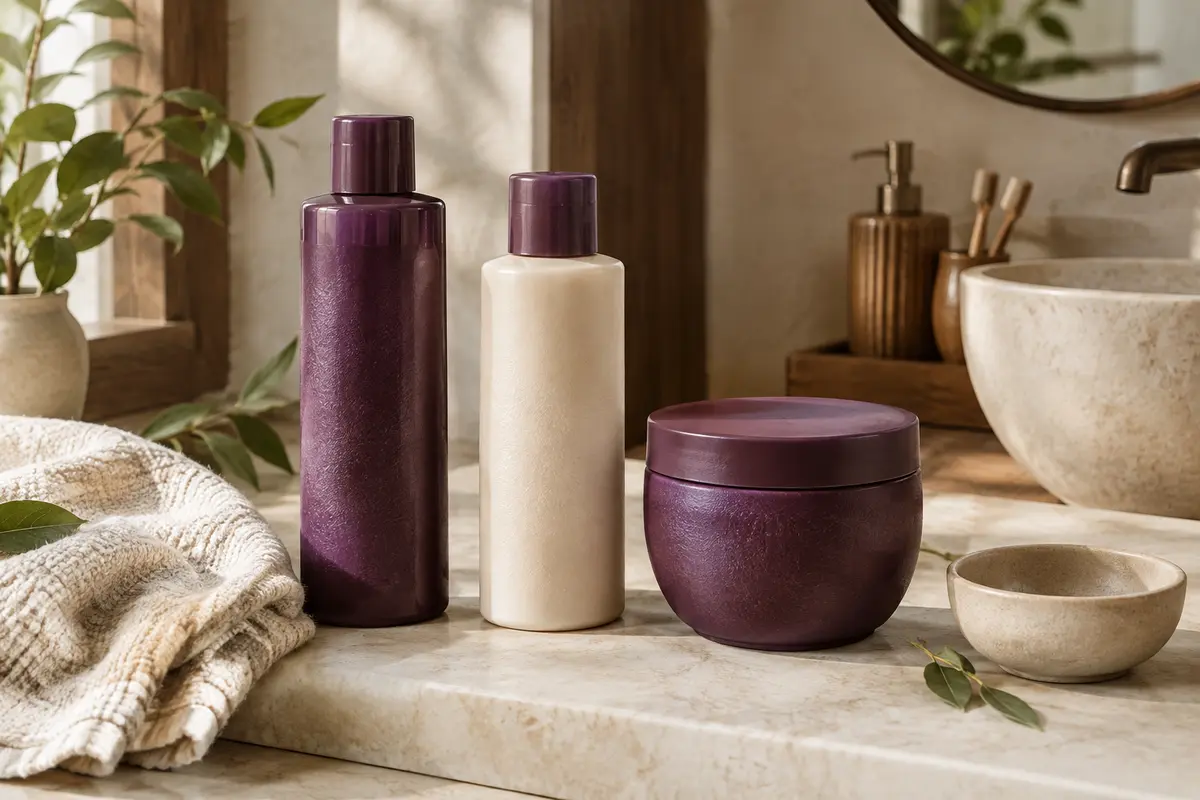 Shampoing, après-shampoing et masque capillaire sur une tablette claire