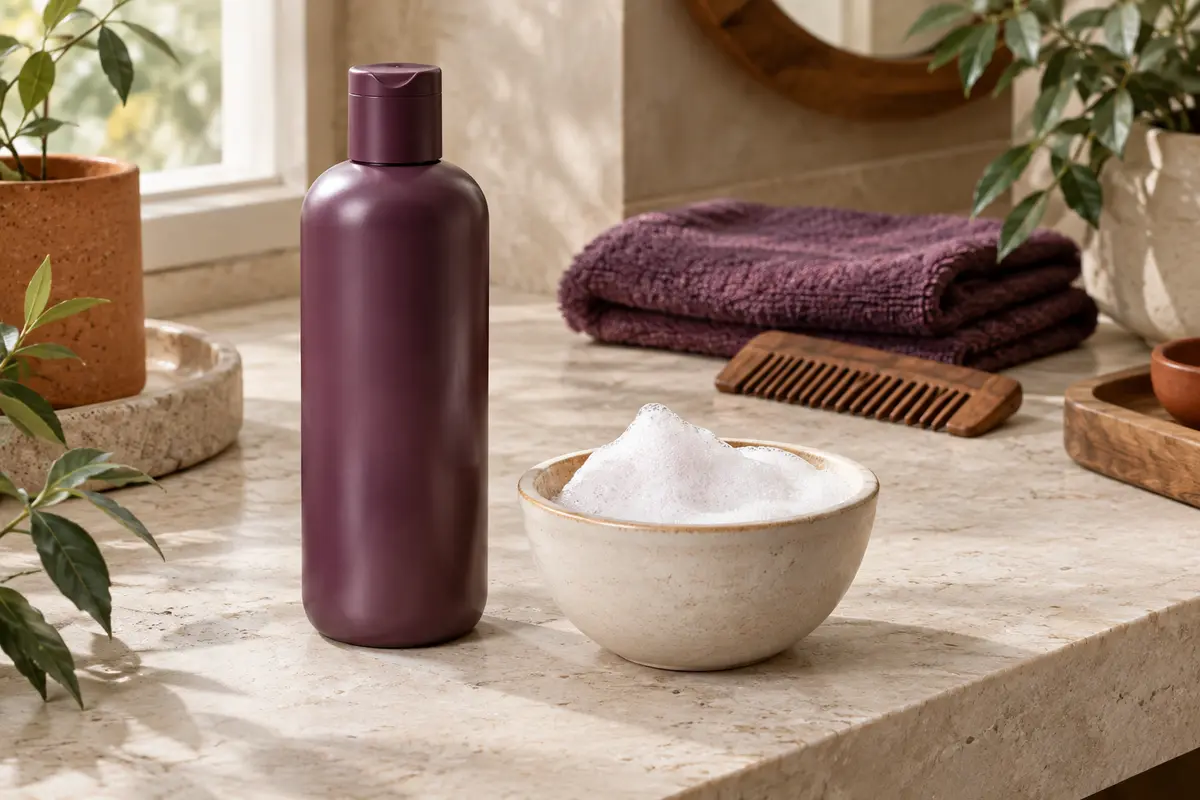 Flacon de shampoing capillaire posé sur une tablette en pierre claire