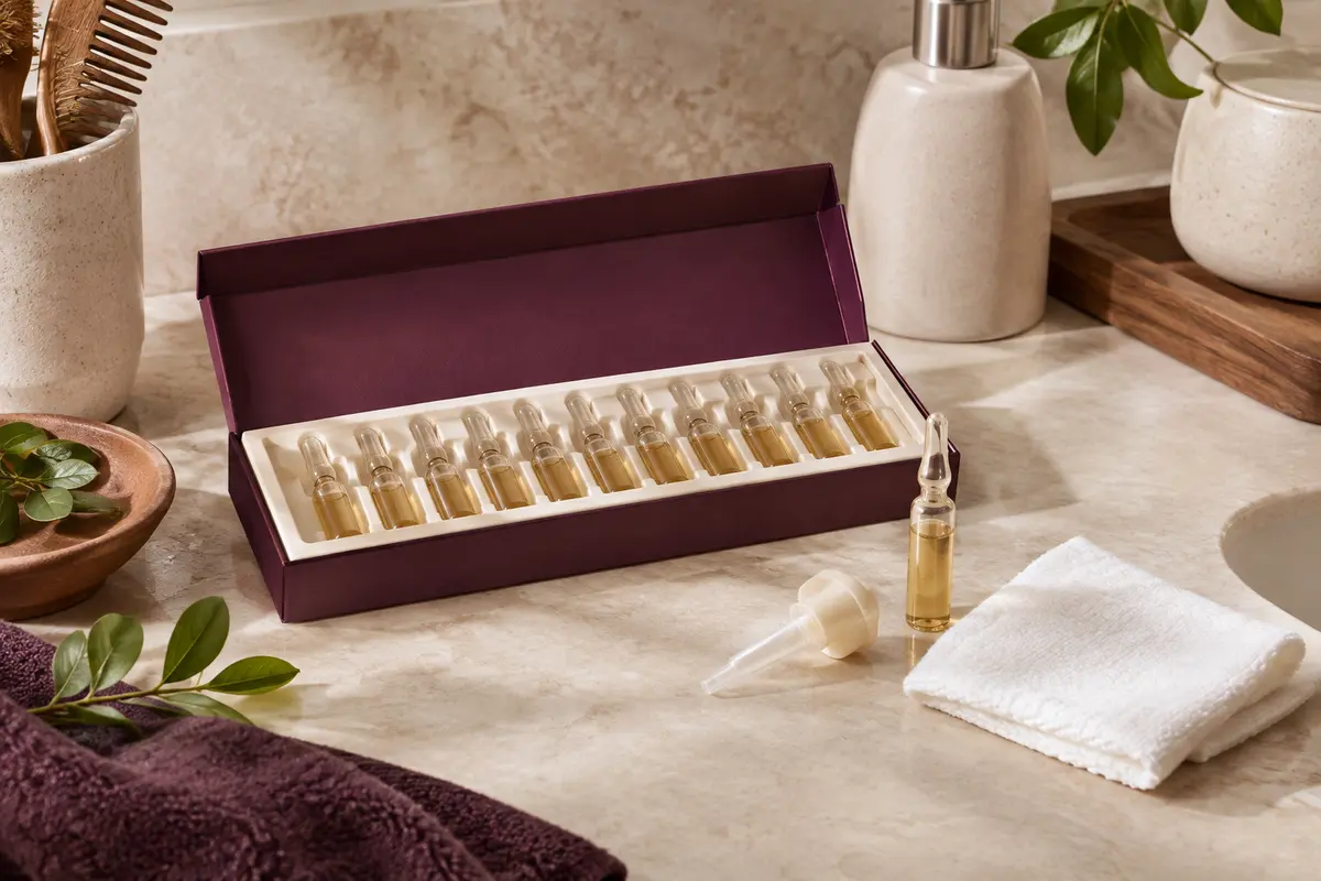 Ampoules capillaires en verre rangées dans une boîte ouverte
