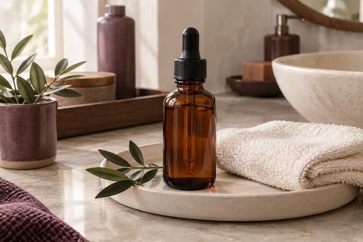 Flacon ambré de sérum capillaire avec pipette sur une céramique claire
