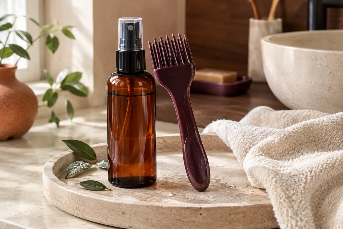 Flacon spray capillaire ambré posé près d’un peigne applicateur