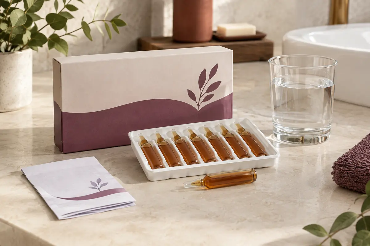 Ampoules buvables capillaires et notice posées à côté d’un verre d’eau sur une surface claire