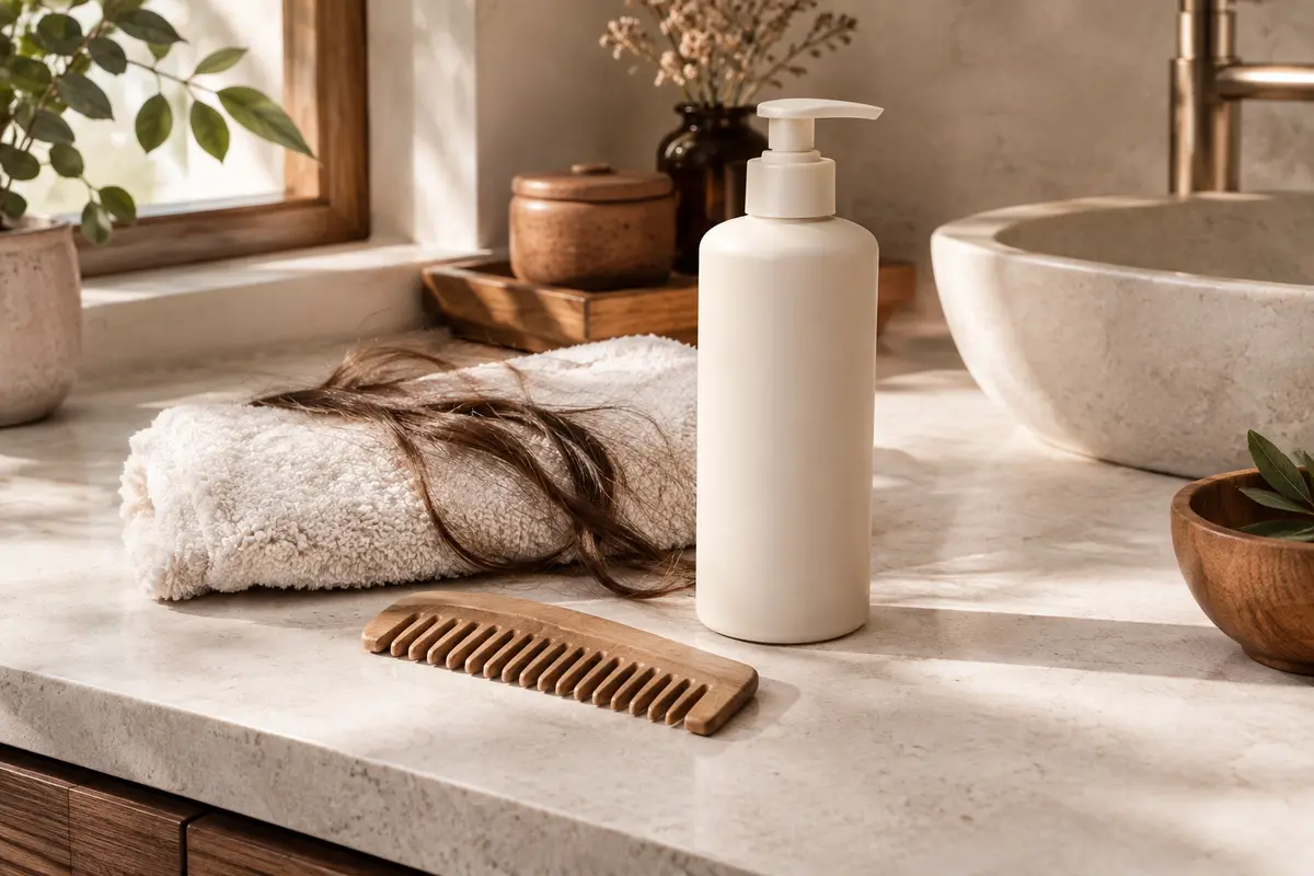 Après-shampoing neutre, peigne à dents larges et serviette évoquant le soin des longueurs.
