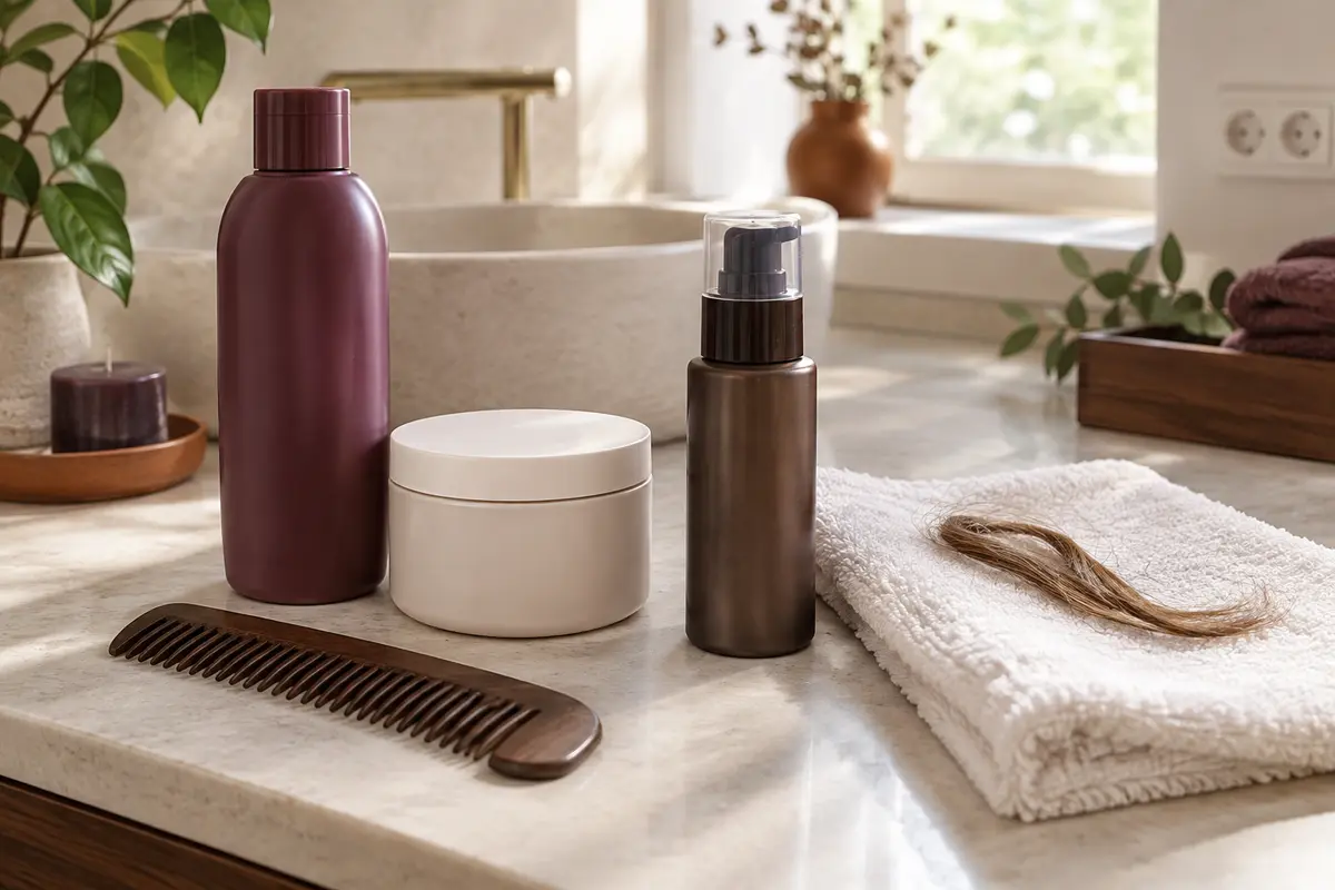 Shampoing, soin des longueurs et densifiant disposés près d’une mèche de cheveux fins