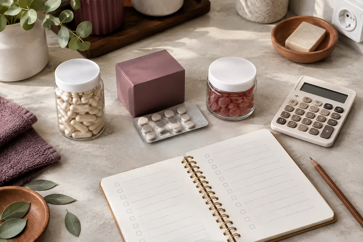 Gélules, comprimés et gummies disposés avec une calculatrice pour comparer leur coût par portion.