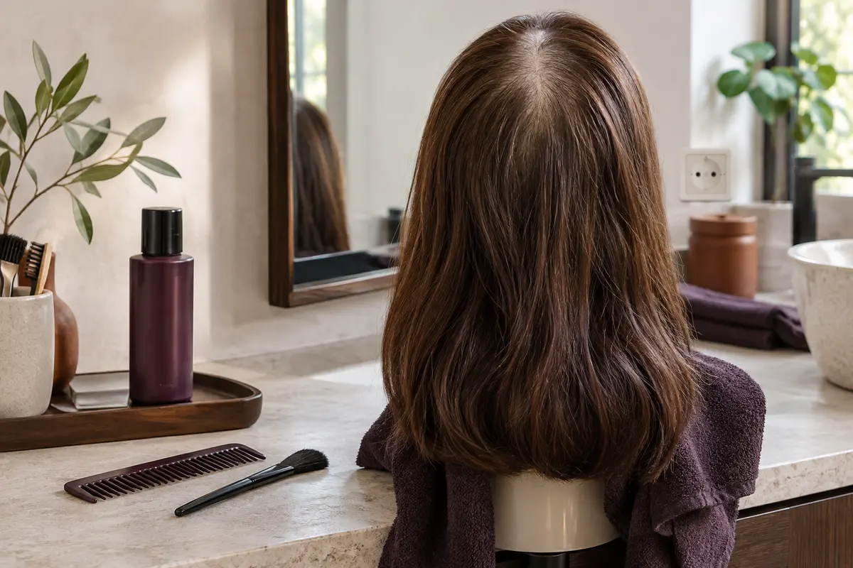 Flacon générique et accessoires disposés près d’un miroir pour appliquer des fibres capillaires avec précision