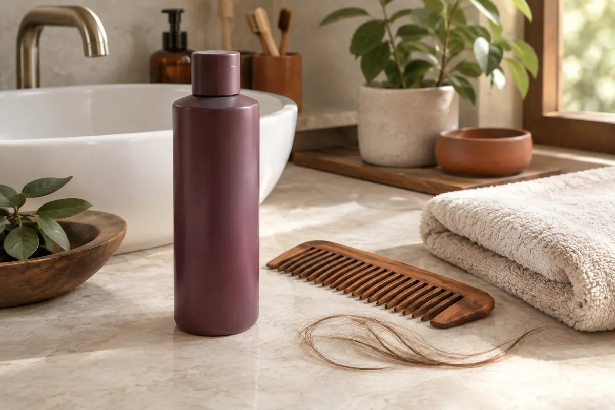Flacon de shampoing neutre posé près d’un peigne et d’une serviette dans une salle de bain claire