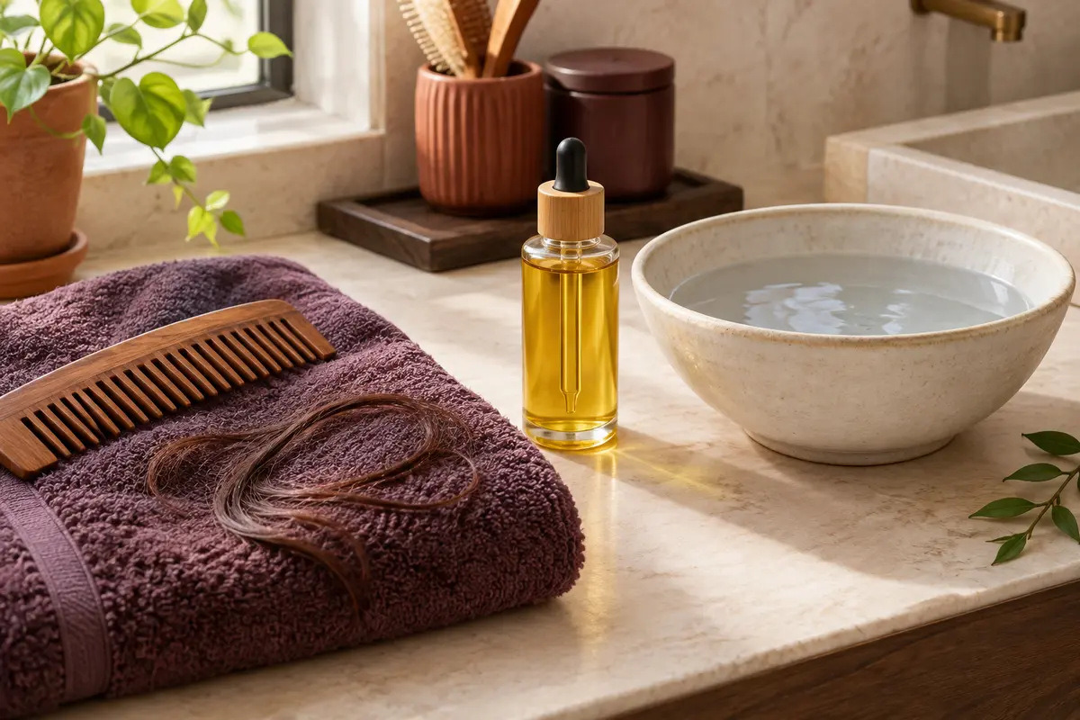 Flacon neutre d’huile capillaire et serviette près d’un peigne, pour illustrer un soin avant shampoing et son rinçage.