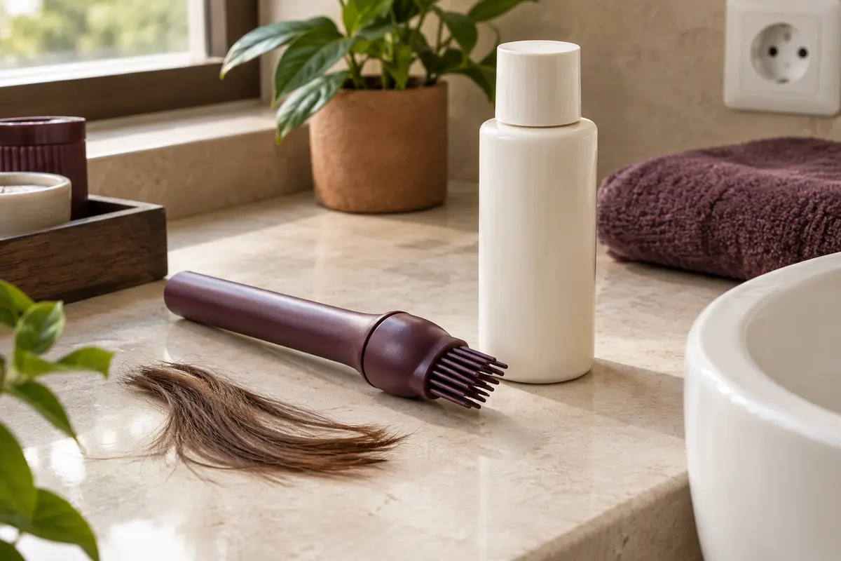 Peigne applicateur propre posé près d’un flacon neutre dans une salle de bain lumineuse
