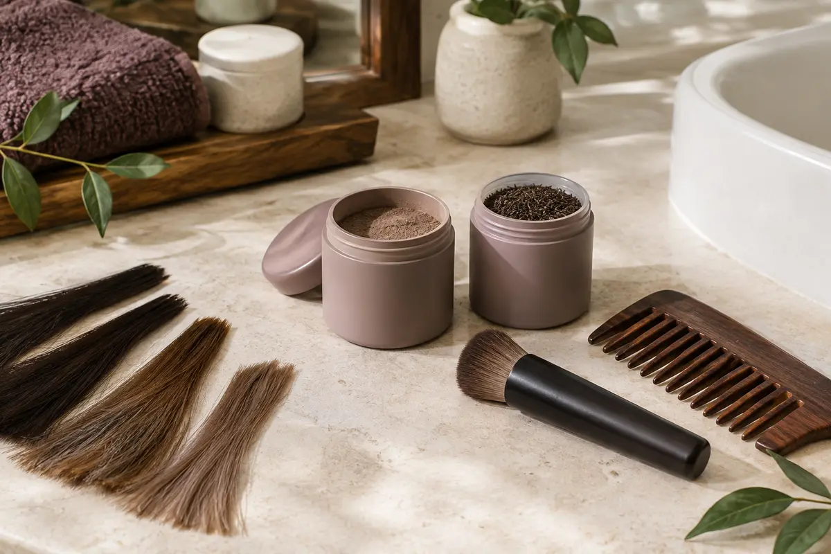 Poudre fine, fibres capillaires et applicateurs réunis pour comparer les textures et les gestes d’application