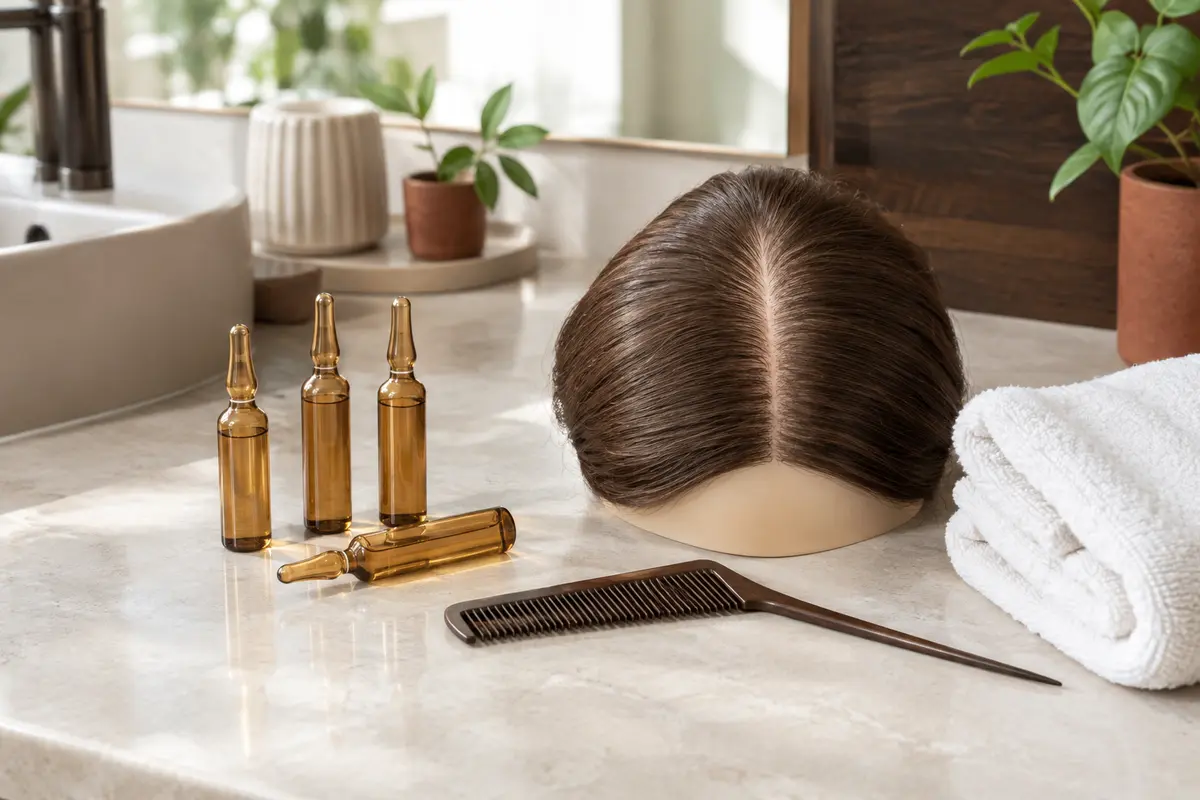Ampoules capillaires et peigne à queue disposés près d’une raie de cheveux pour illustrer une application précise.