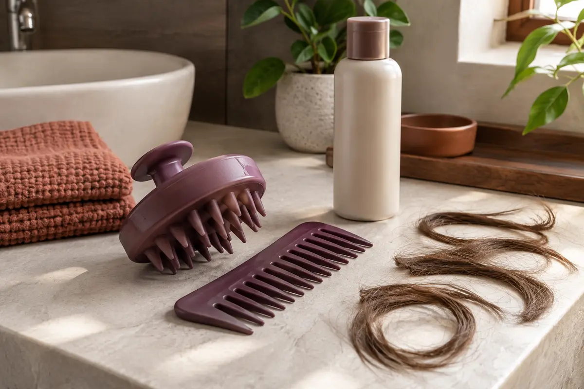 Masseur en silicone et peigne posés près d’un soin, pour une routine douce du cuir chevelu.