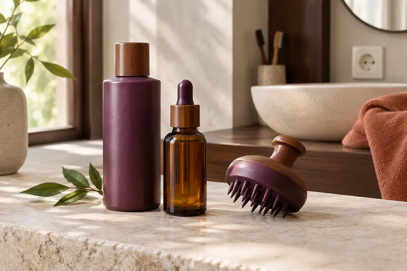 Soins capillaires et accessoire présentés sur une surface en pierre claire dans une salle de bain épurée